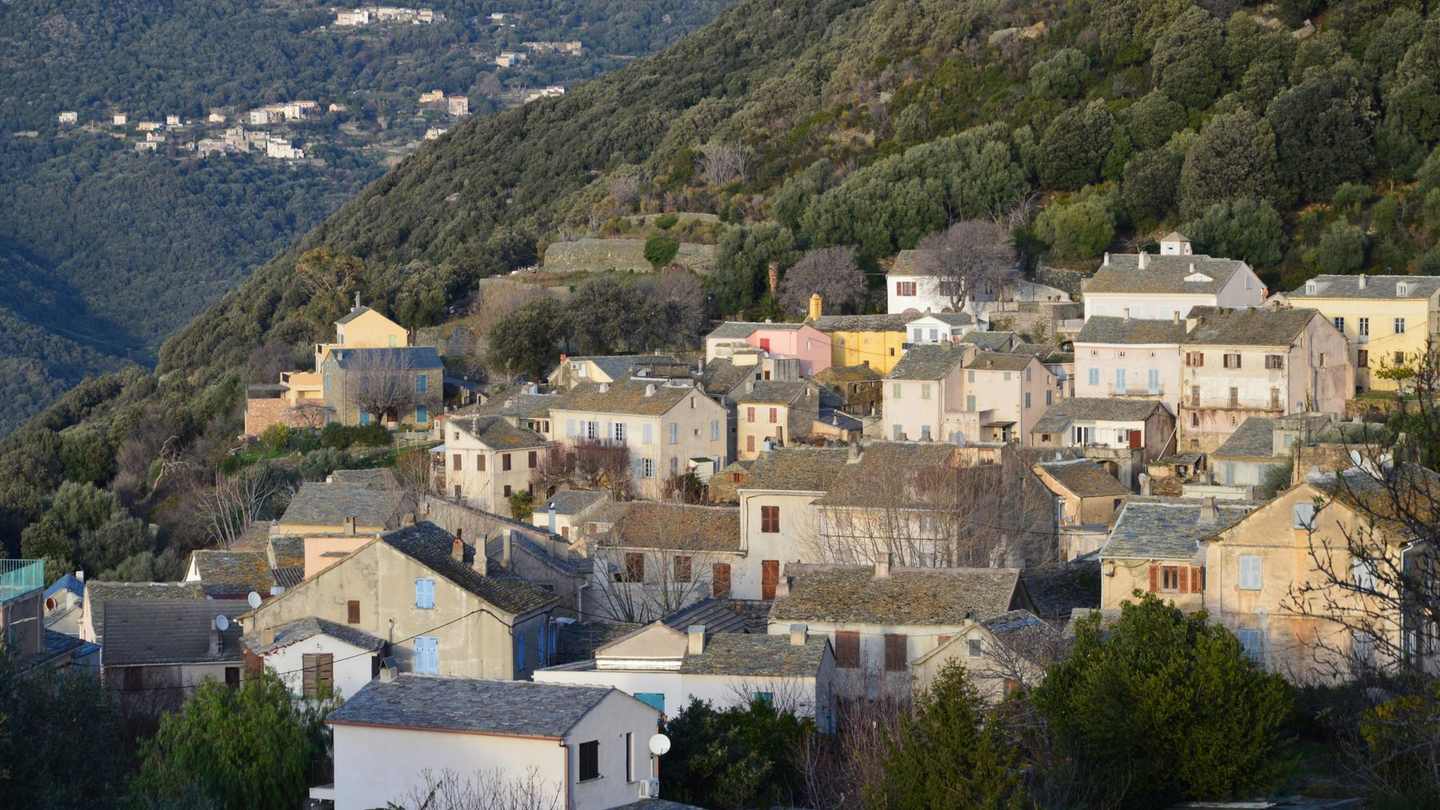 Toits de tuiles et de lauze d'un village du Cap Corse, Haute-Corse